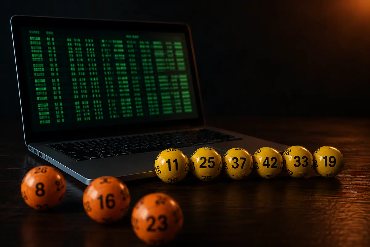 A laptop glowing with green data on a dark desk, six yellow numbered lottery balls lined up beside it