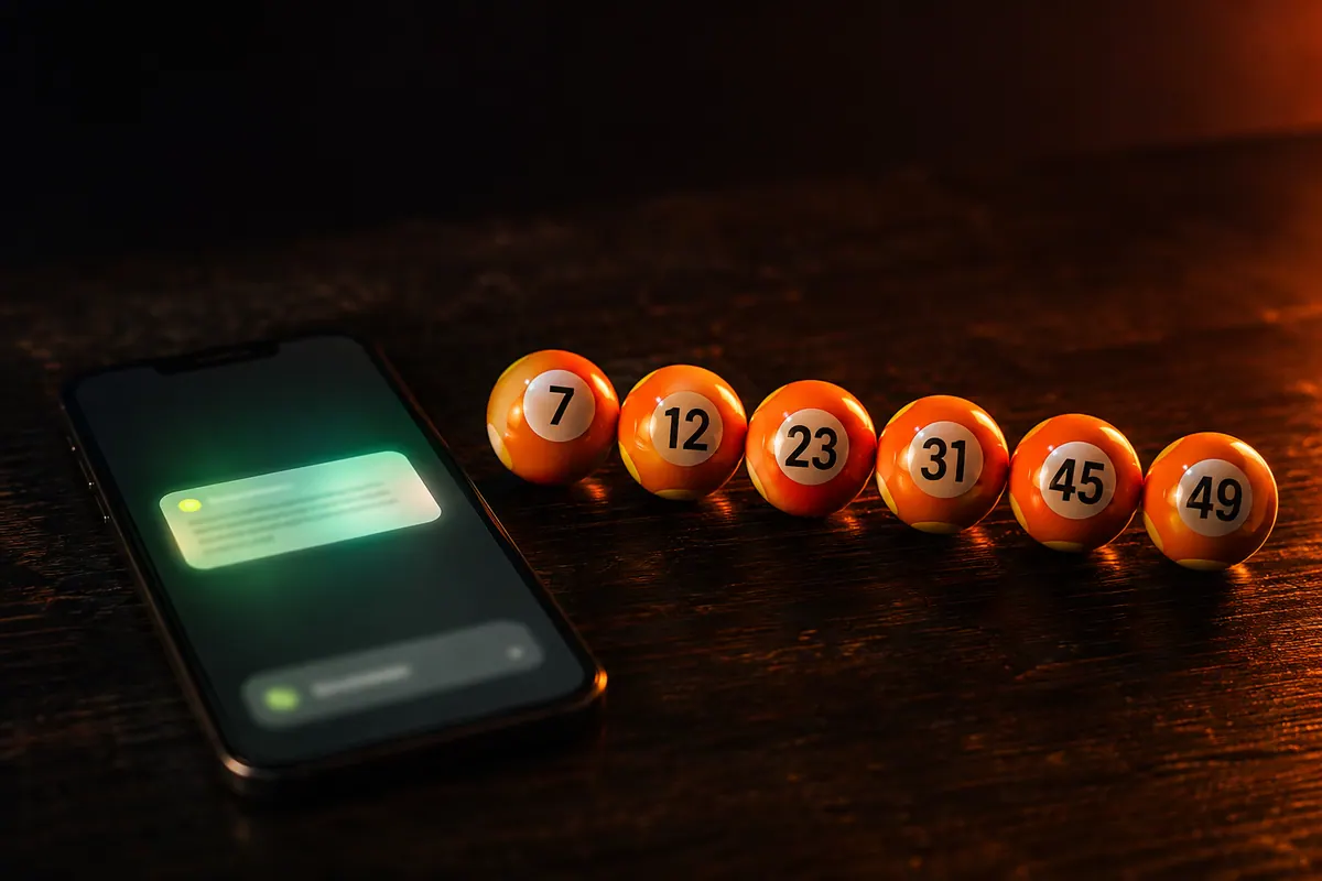A phone on a dark table showing a glowing notification, six orange numbered lottery balls beside it